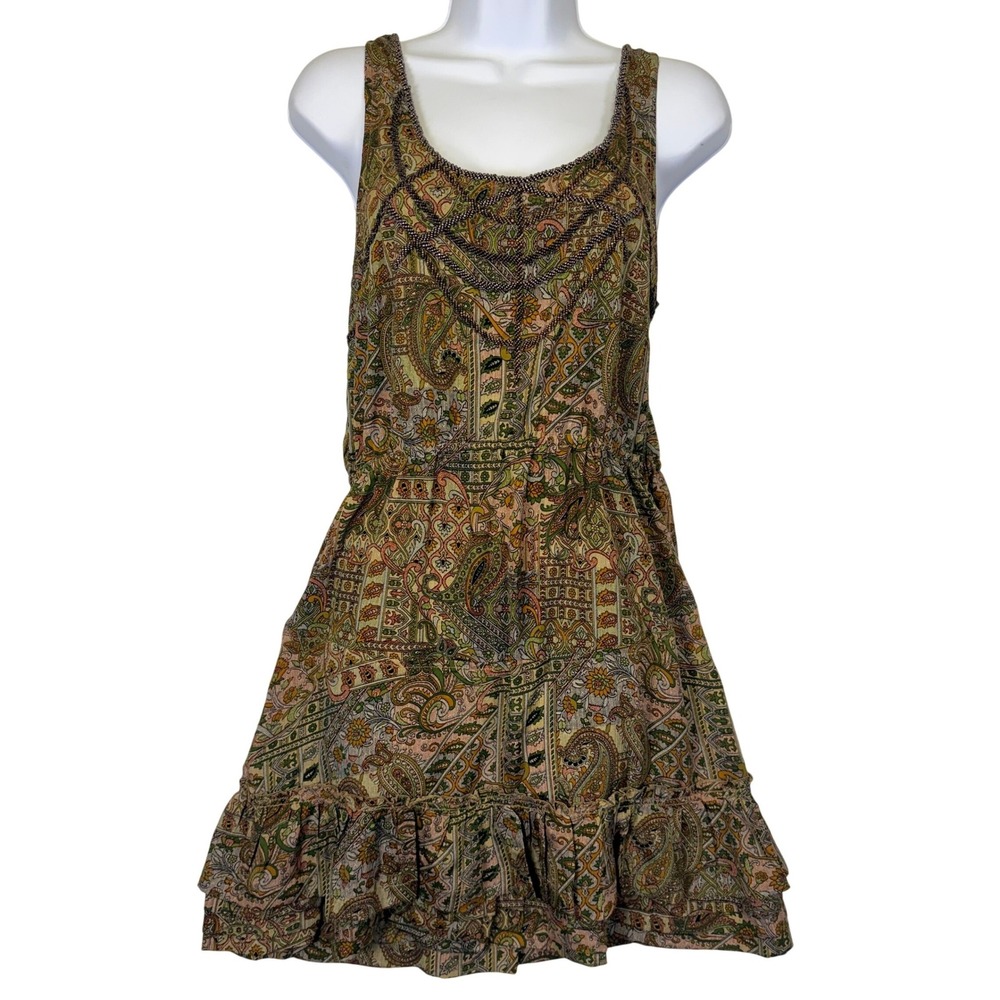 Paisley Beaded Mini Dress Wmns M Boho Ruffle Hem Ecote Whimsigoth Fairy Grunge